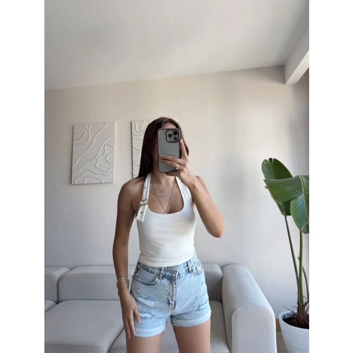 Boyun Kemerli Crop - BEYAZ