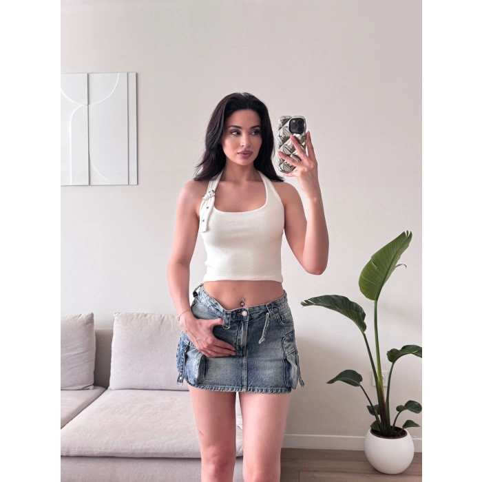 Boyun Kemerli Crop - BEYAZ