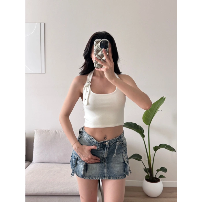 Boyun Kemerli Crop - BEYAZ