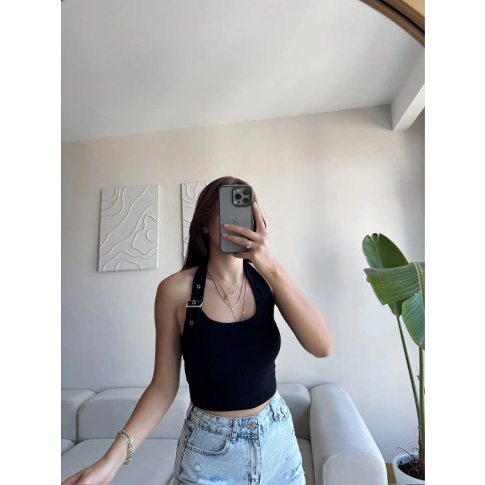 Boyun Kemerli Crop - SİYAH