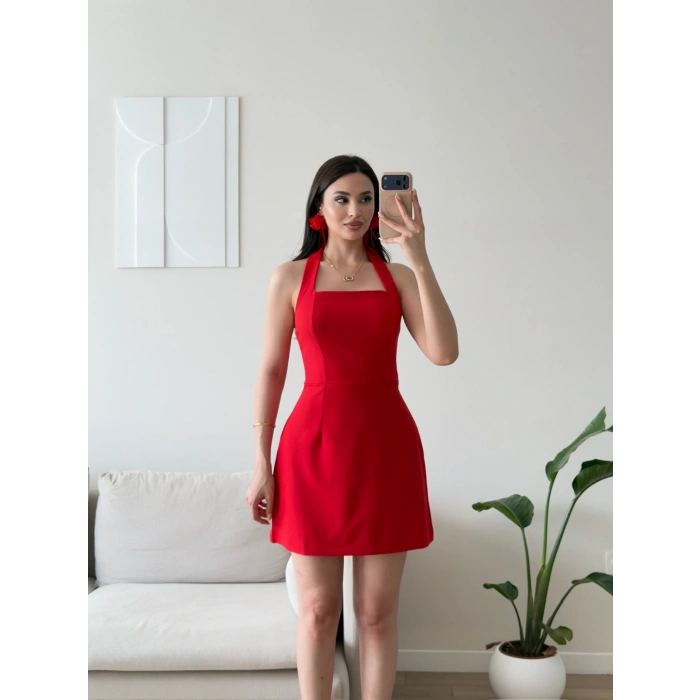 Boyundan Askılı Kare Mini Elbise - KIRMIZI