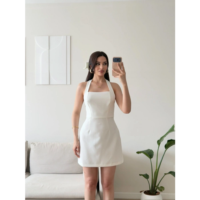 Boyundan Askılı Kare Mini Elbise - BEYAZ