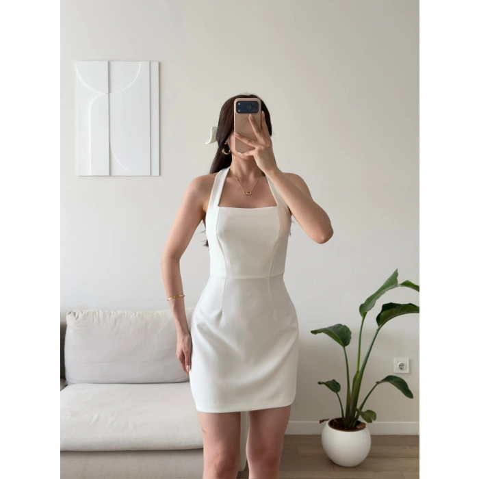Boyundan Askılı Kare Mini Elbise - BEYAZ