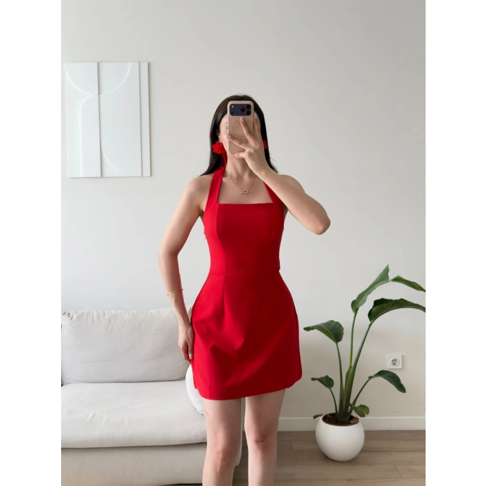 Boyundan Askılı Kare Mini Elbise - KIRMIZI
