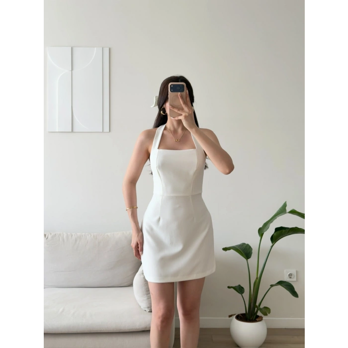 Boyundan Askılı Kare Mini Elbise - BEYAZ