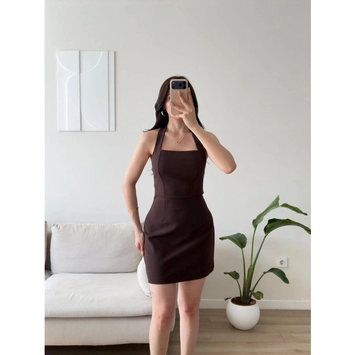 Boyundan Askılı Kare Mini Elbise - KAHVE