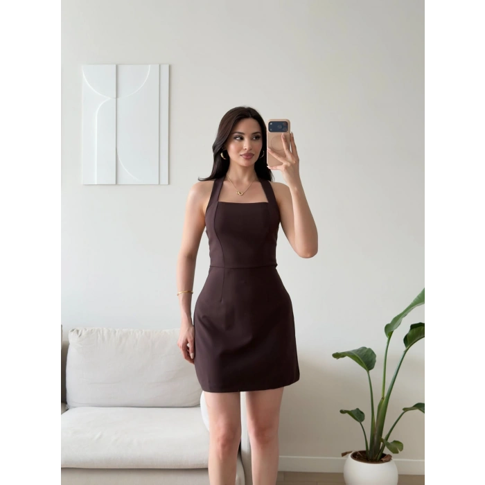Boyundan Askılı Kare Mini Elbise - KAHVE