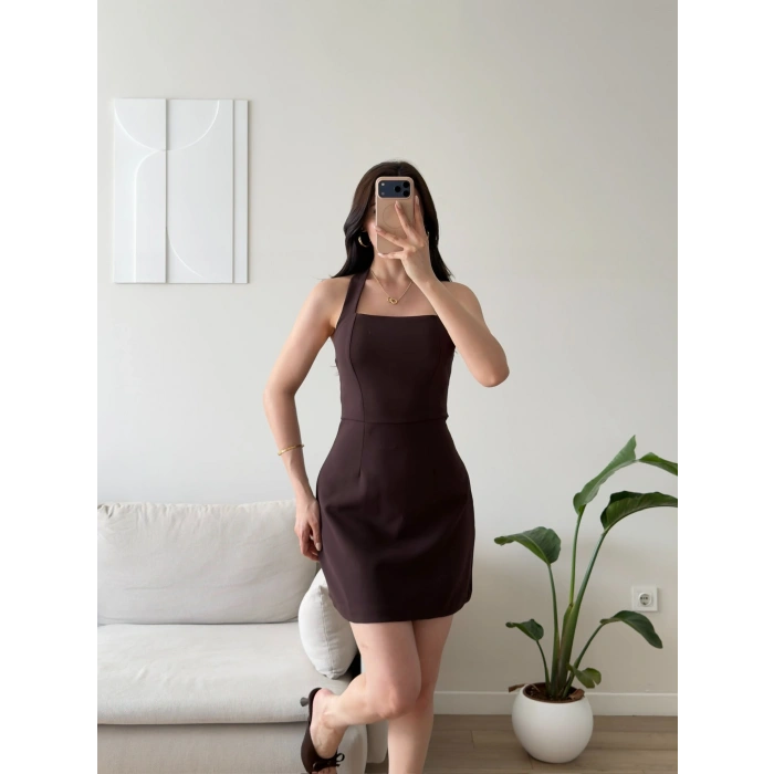 Boyundan Askılı Kare Mini Elbise - KAHVE