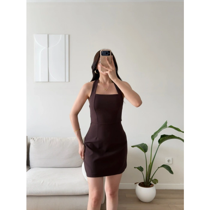 Boyundan Askılı Kare Mini Elbise - KAHVE