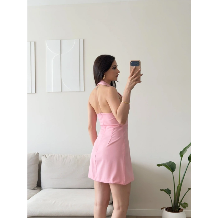 Boyundan Askılı Kare Mini Elbise - PEMBE