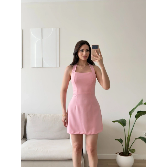 Boyundan Askılı Kare Mini Elbise - PEMBE