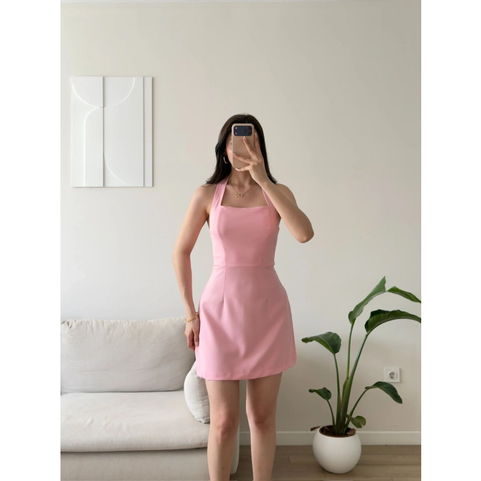 Boyundan Askılı Kare Mini Elbise - PEMBE