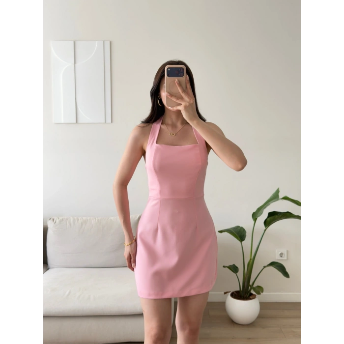 Boyundan Askılı Kare Mini Elbise - PEMBE
