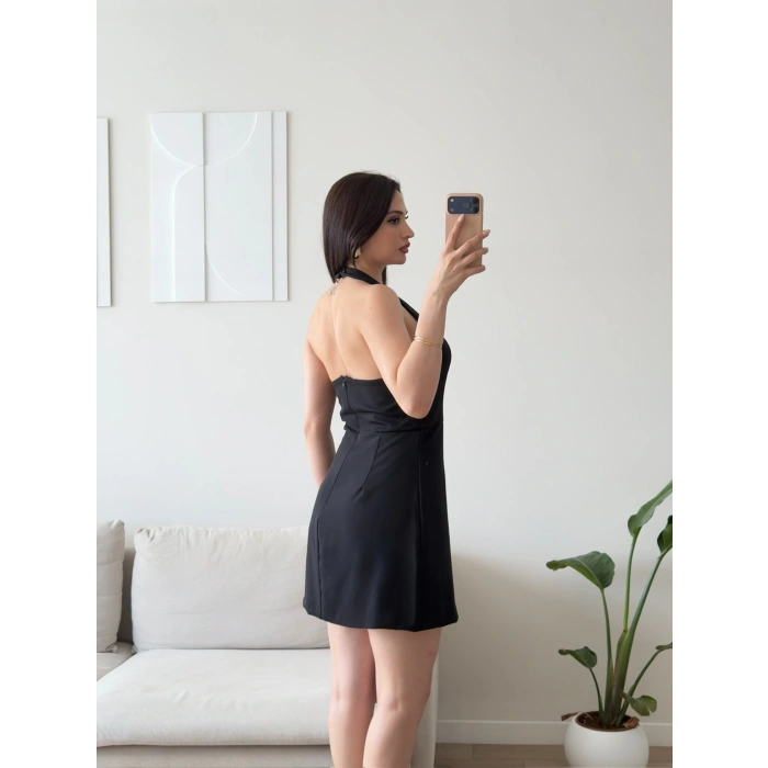 Boyundan Askılı Kare Mini Elbise - SİYAH