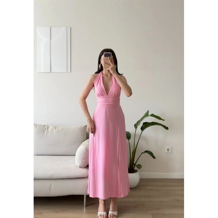 Boyundan Bağlamalı Yırtmaçlı Long Elbise - PEMBE