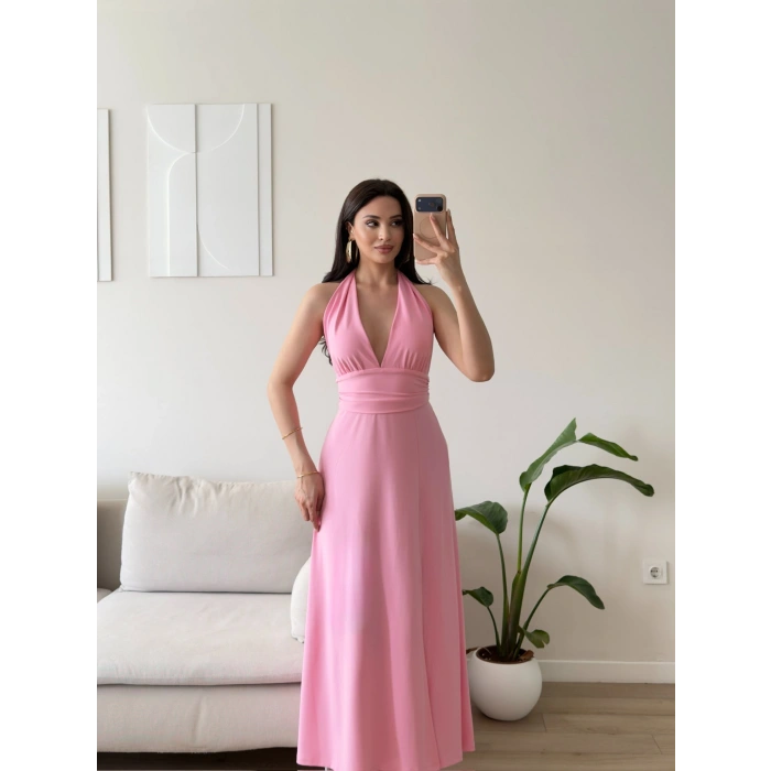 Boyundan Bağlamalı Yırtmaçlı Long Elbise - PEMBE
