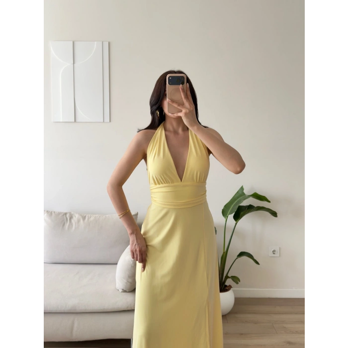 Boyundan Bağlamalı Yırtmaçlı Long Elbise - SARI