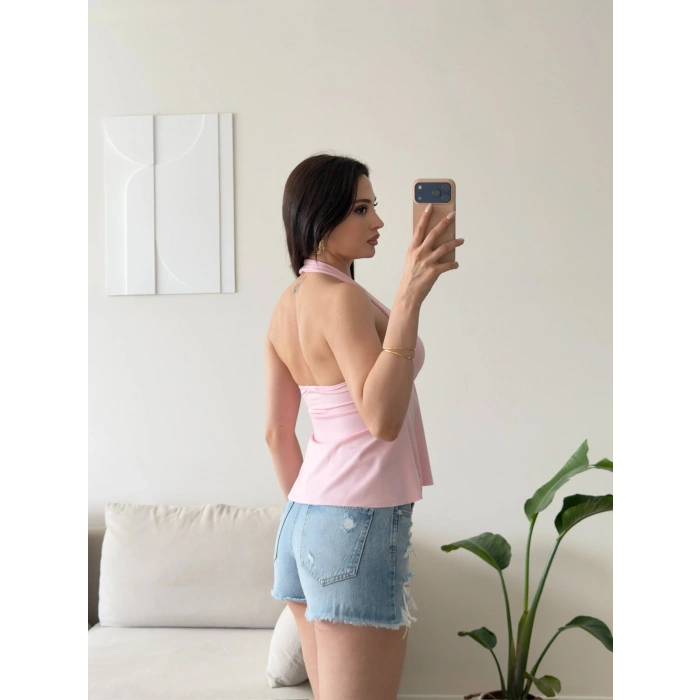 Boyundan Geçmeli Aksesuar Crop - PEMBE