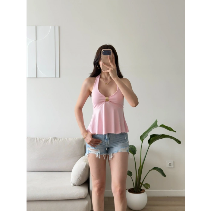 Boyundan Geçmeli Aksesuar Crop - PEMBE