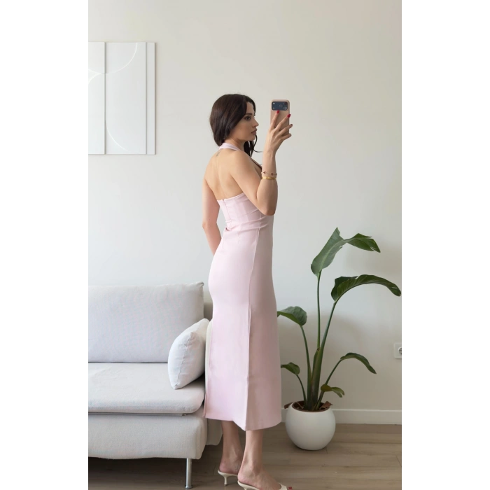 Boyundan Geçmeli Kare Yaka Elbise - PEMBE