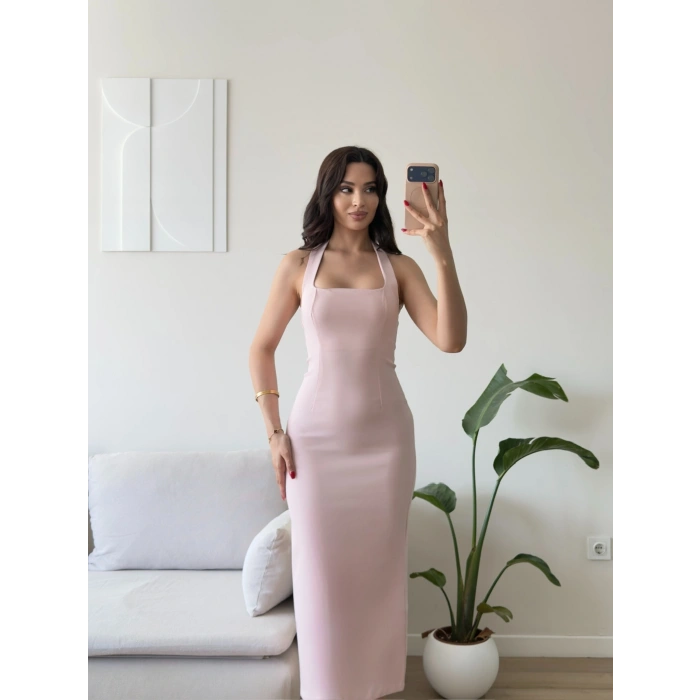 Boyundan Geçmeli Kare Yaka Elbise - PEMBE