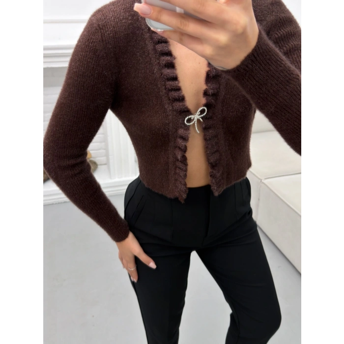 Broşlu Triko Crop Hırka - KAHVE