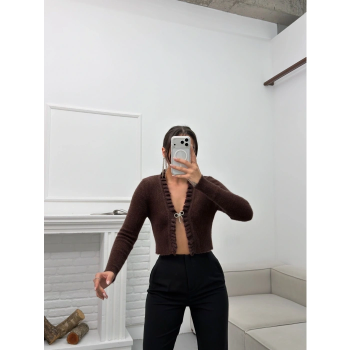 Broşlu Triko Crop Hırka - KAHVE