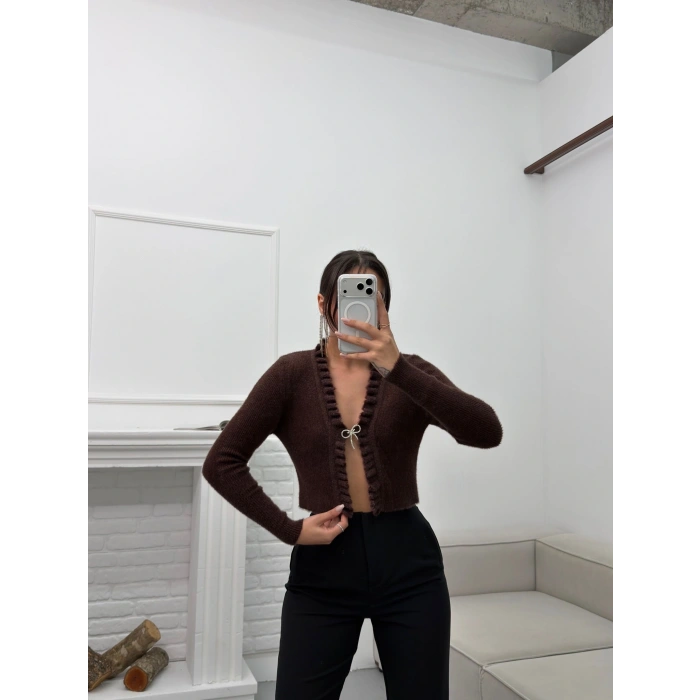 Broşlu Triko Crop Hırka - KAHVE