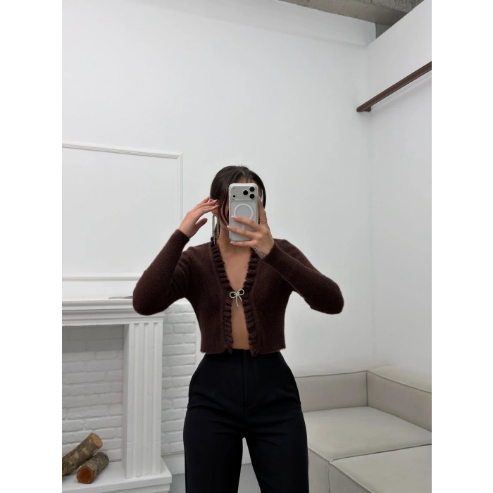 Broşlu Triko Crop Hırka - KAHVE