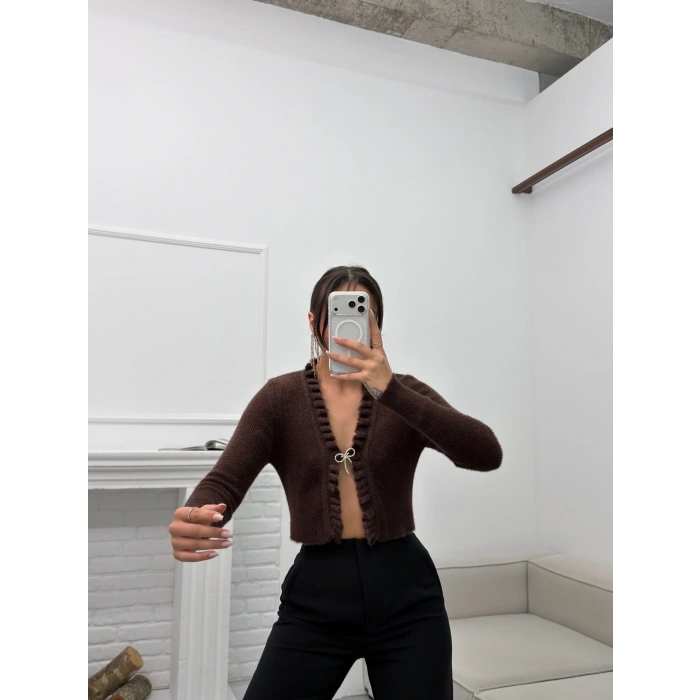 Broşlu Triko Crop Hırka - KAHVE