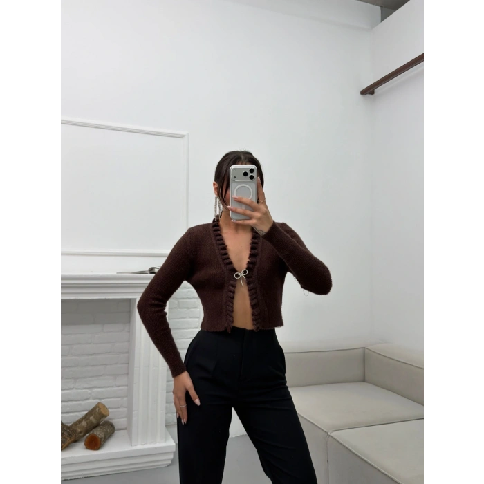 Broşlu Triko Crop Hırka - KAHVE