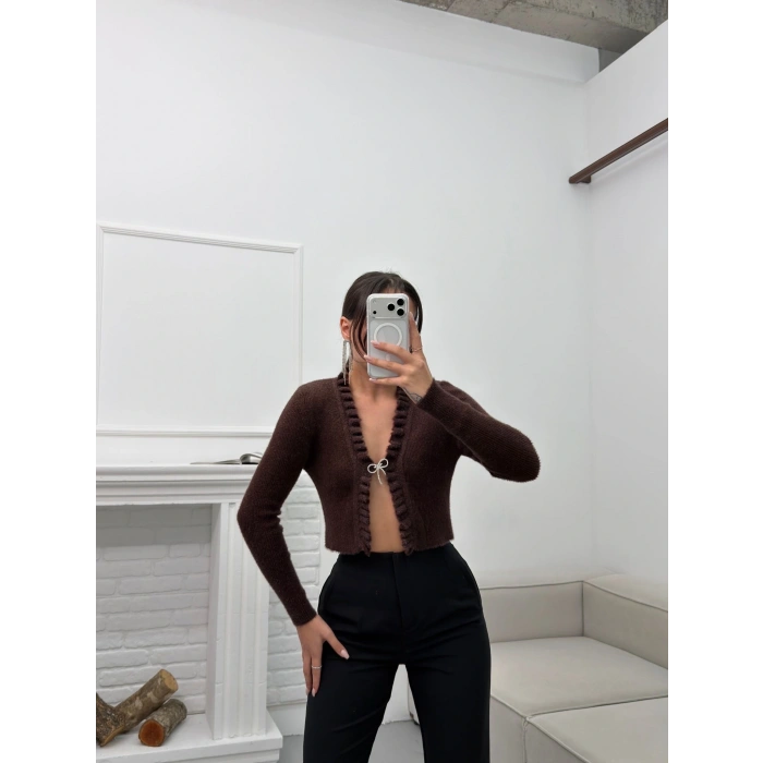 Broşlu Triko Crop Hırka - KAHVE