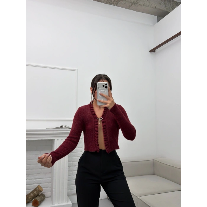 Broşlu Triko Crop Hırka - BORDO