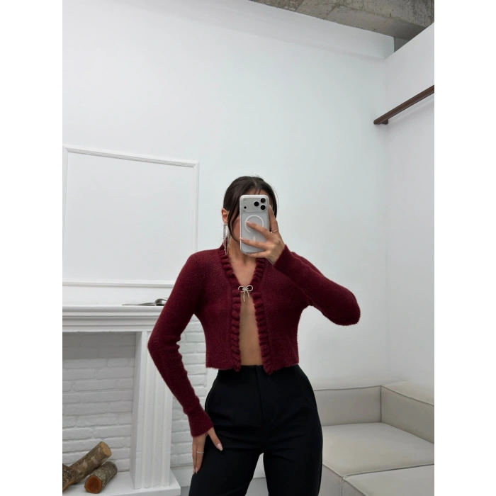 Broşlu Triko Crop Hırka - BORDO