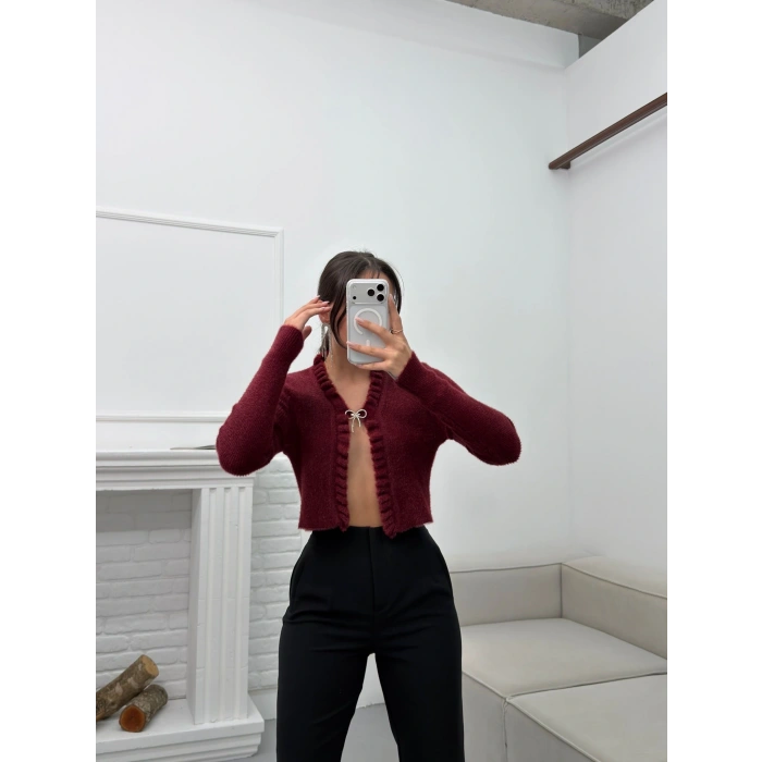 Broşlu Triko Crop Hırka - BORDO