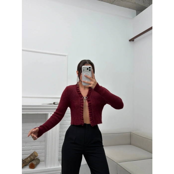 Broşlu Triko Crop Hırka - BORDO