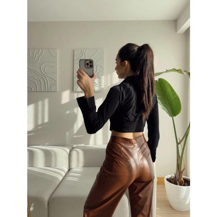 Bsk Bel Lastik Crop Gömlek - SİYAH