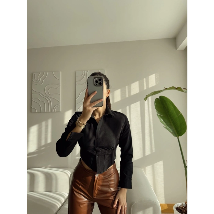 Bsk Bel Lastik Crop Gömlek - SİYAH