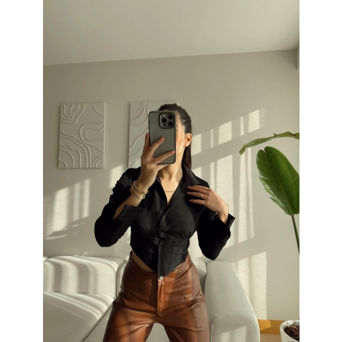 Bsk Bel Lastik Crop Gömlek - SİYAH