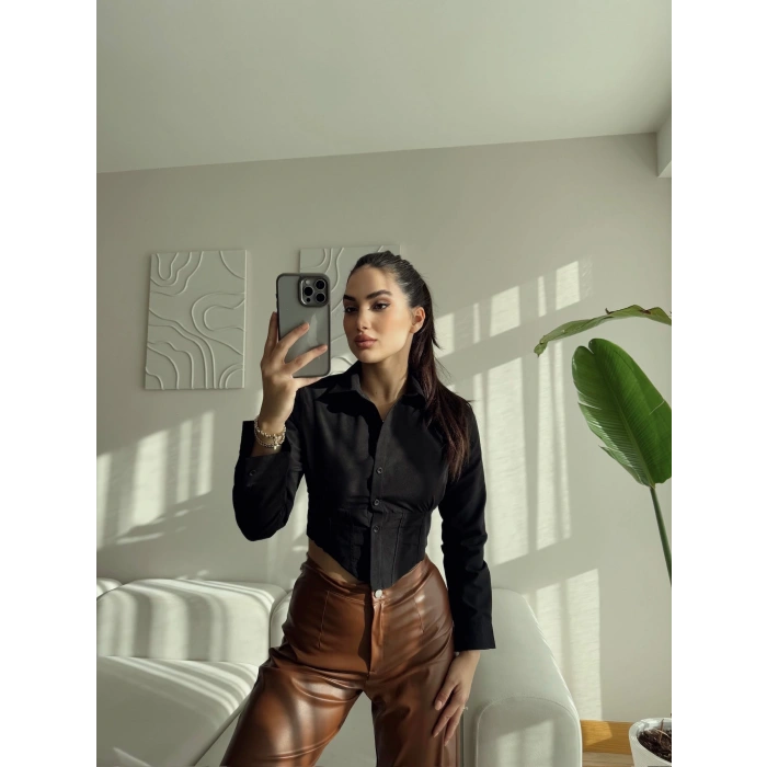 Bsk Bel Lastik Crop Gömlek - SİYAH