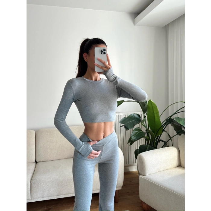 Bsk Crop & İspanyol Taytlı Takım - ANTRASİT