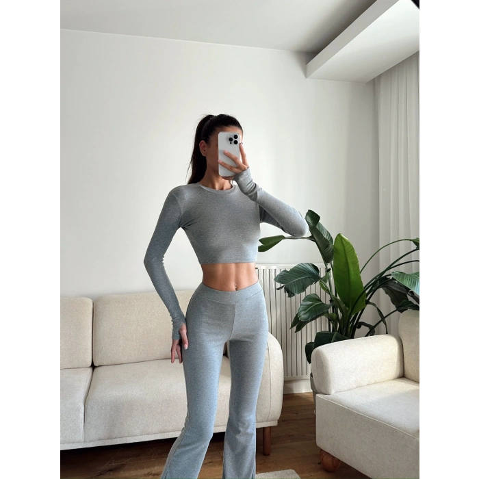 Bsk Crop & İspanyol Taytlı Takım - ANTRASİT