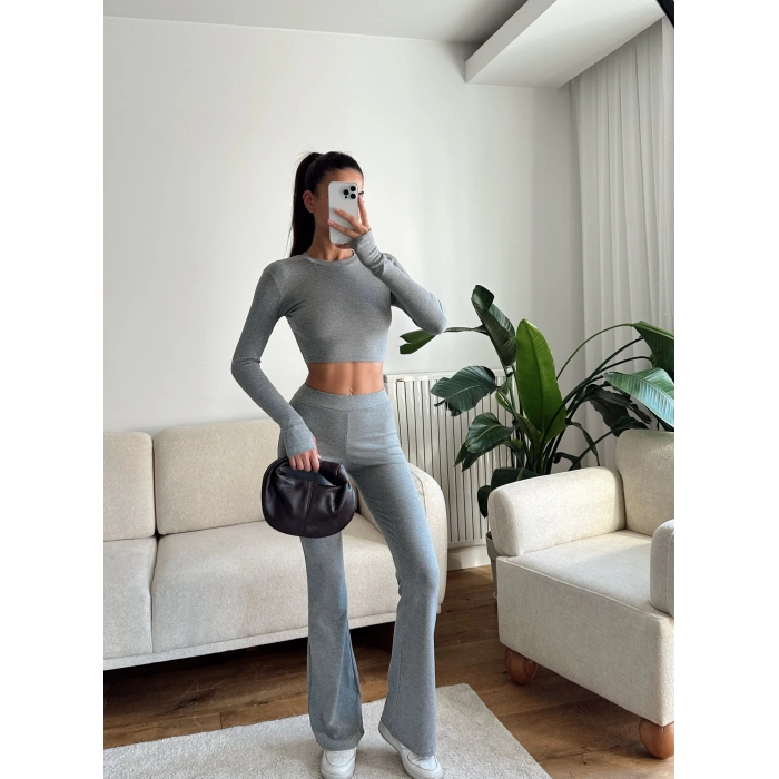 Bsk Crop & İspanyol Taytlı Takım - ANTRASİT