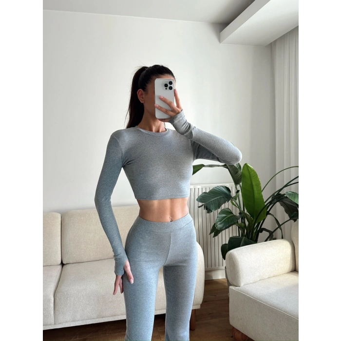 Bsk Crop & İspanyol Taytlı Takım - ANTRASİT