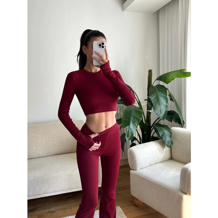 Bsk Crop & İspanyol Taytlı Takım - BORDO