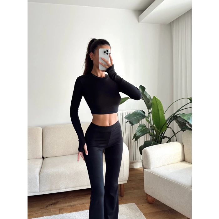 Bsk Crop & İspanyol Taytlı Takım - SİYAH