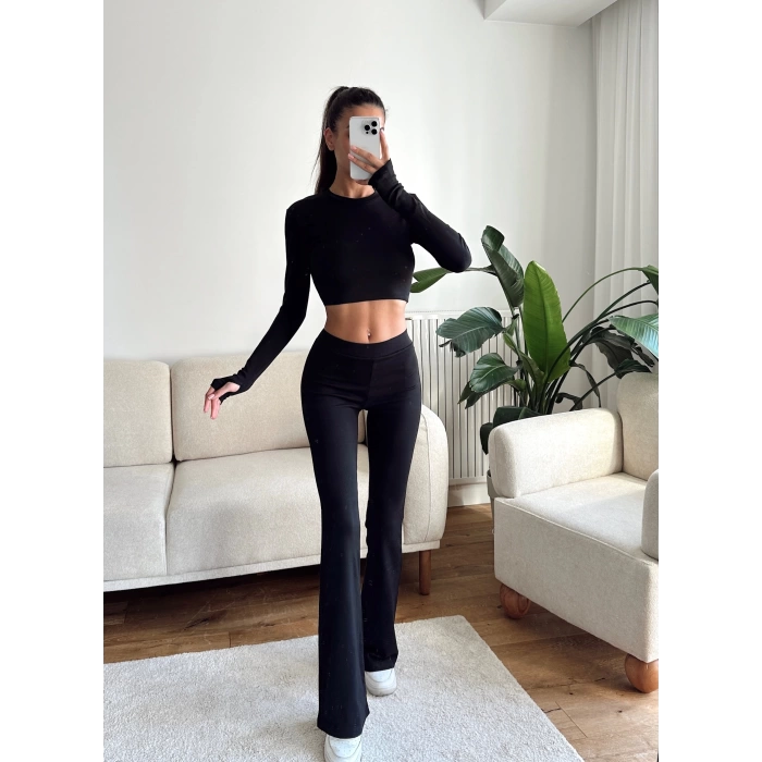 Bsk Crop & İspanyol Taytlı Takım - SİYAH