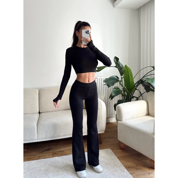Bsk Crop & İspanyol Taytlı Takım - SİYAH