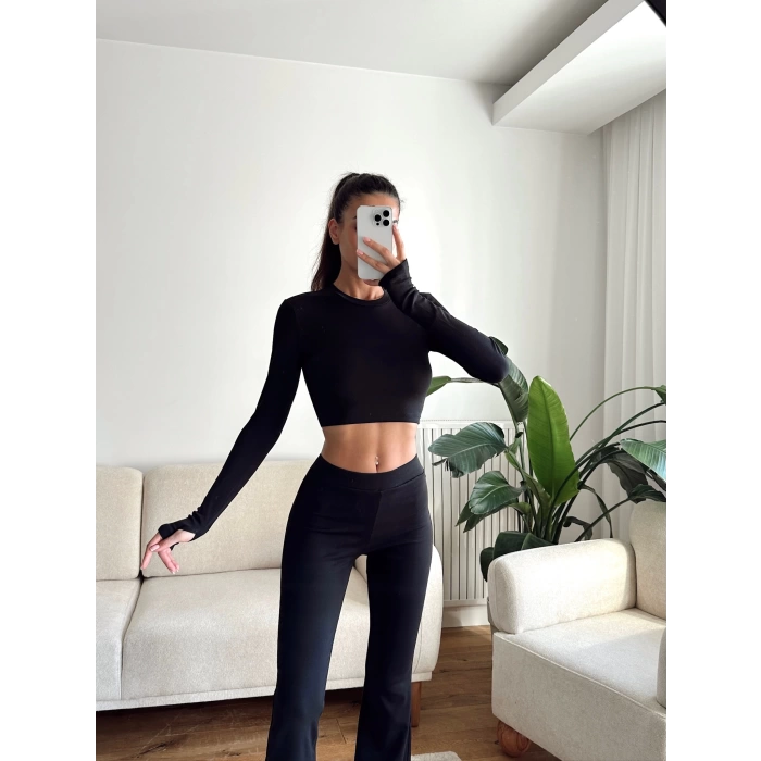 Bsk Crop & İspanyol Taytlı Takım - SİYAH