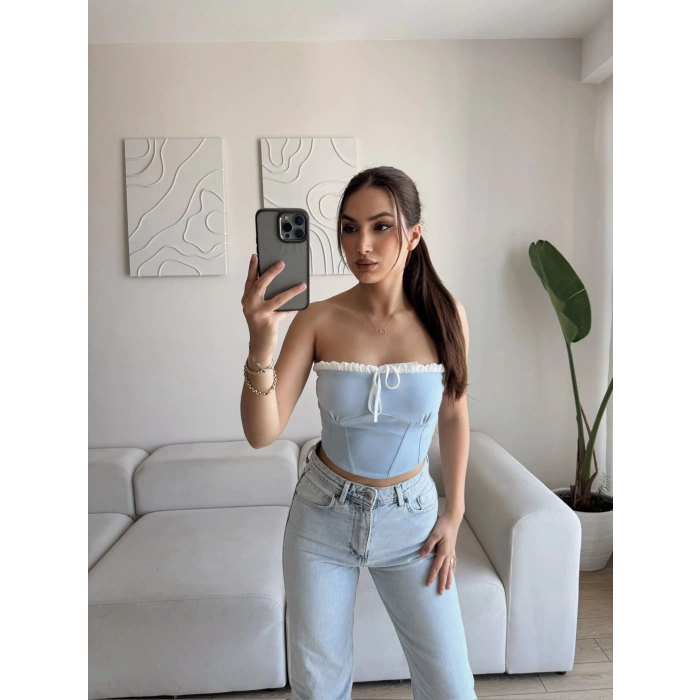 BSK Ön Bağlamalı Straplez Crop - BEBE MAVİSİ
